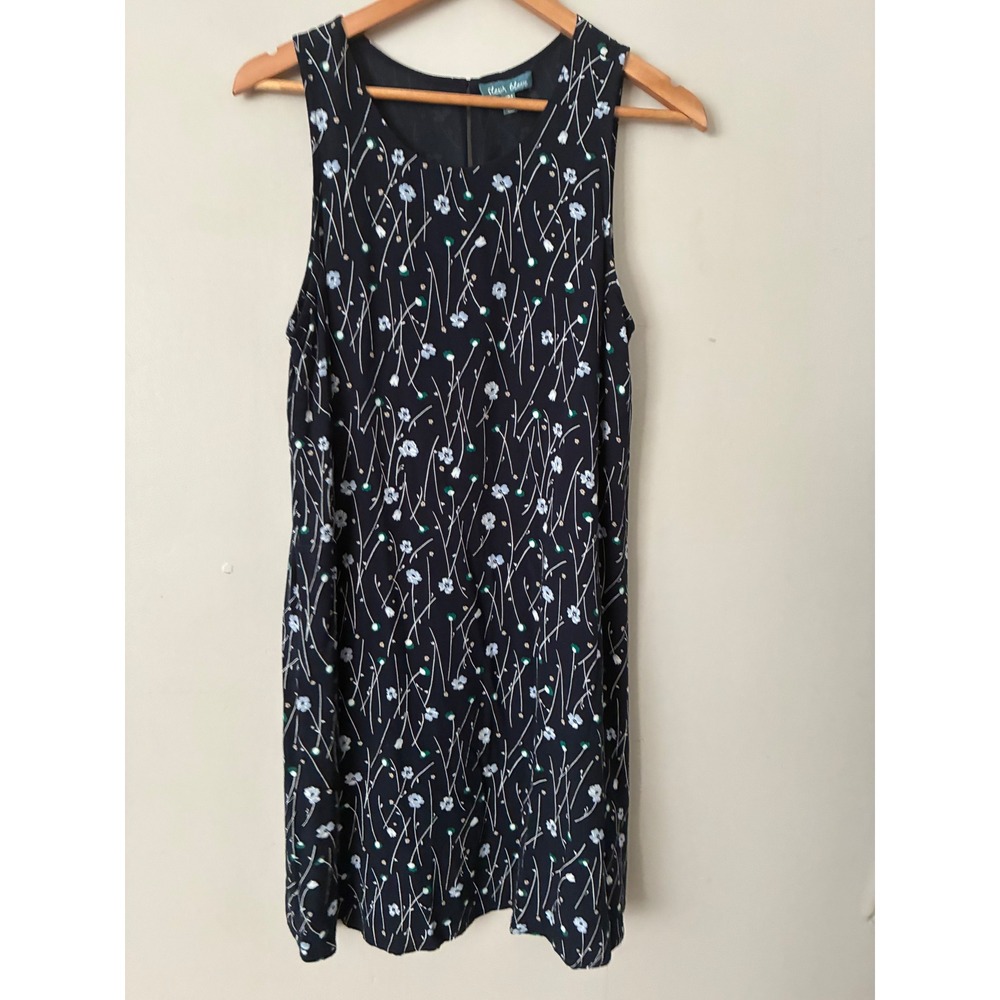Fleur Bleue Mini Dress Women 6 Navy Blue Floral Sleeveless Rayon Viscose Shift